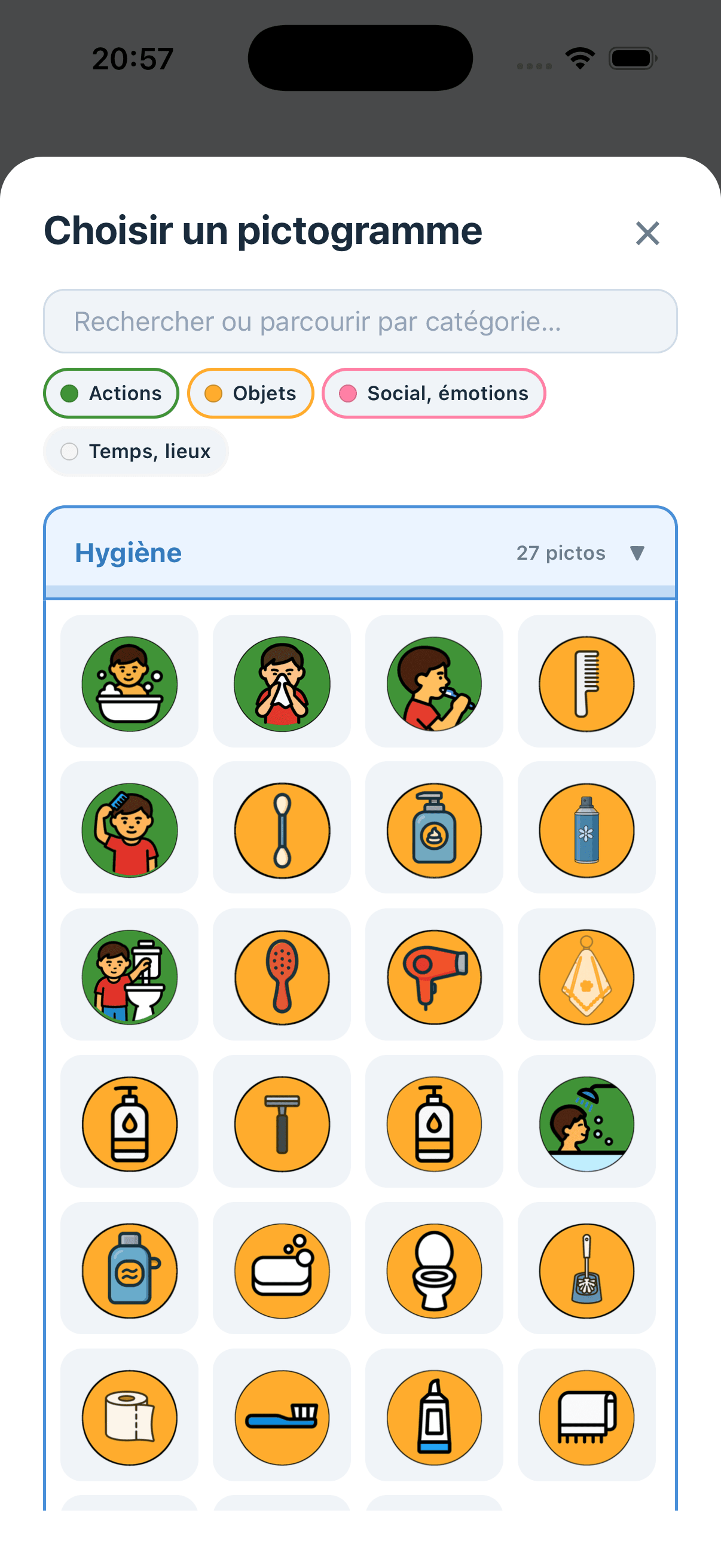 Sélecteur de pictogrammes de l'application, avec recherche et catégories.