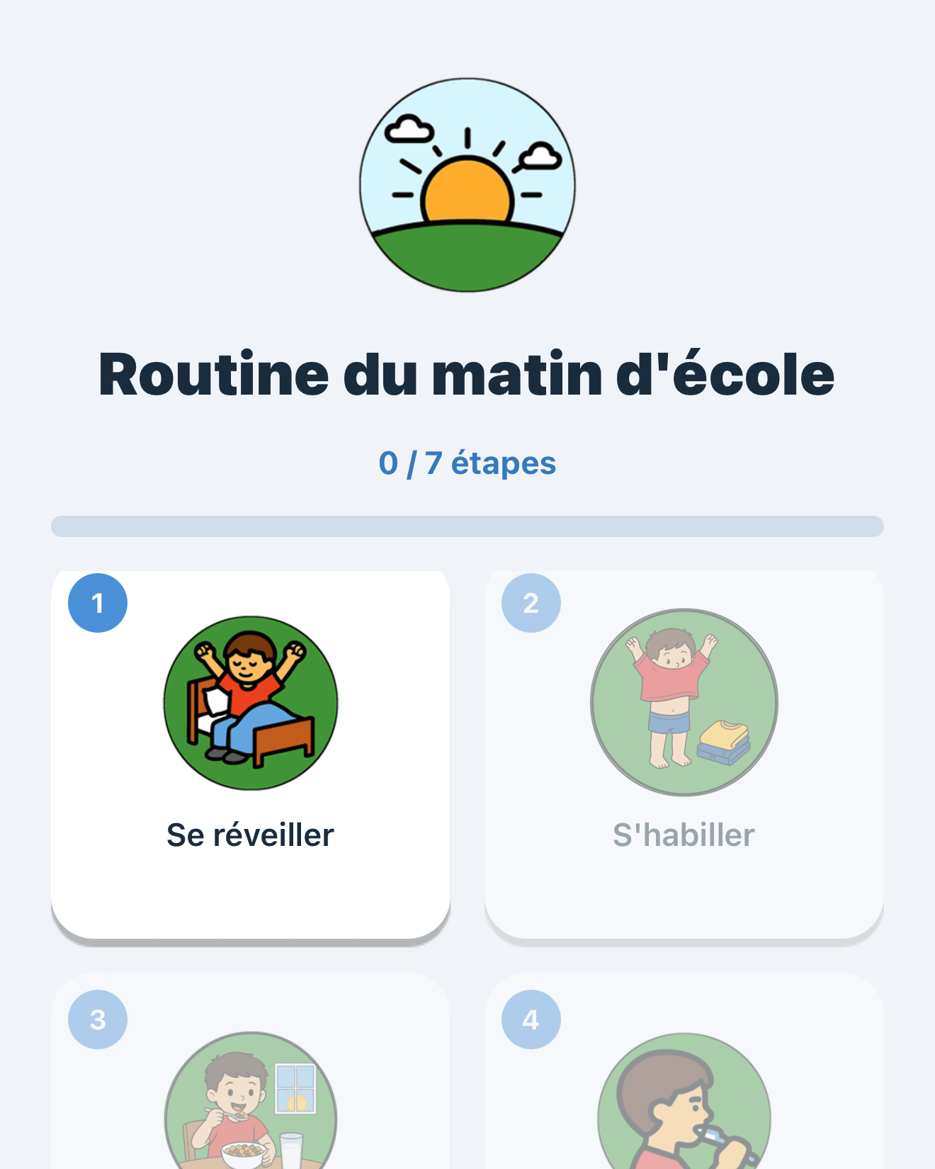 Mission « Routine du matin d'école » découpée en sept étapes numérotées, chacune illustrée par un pictogramme.