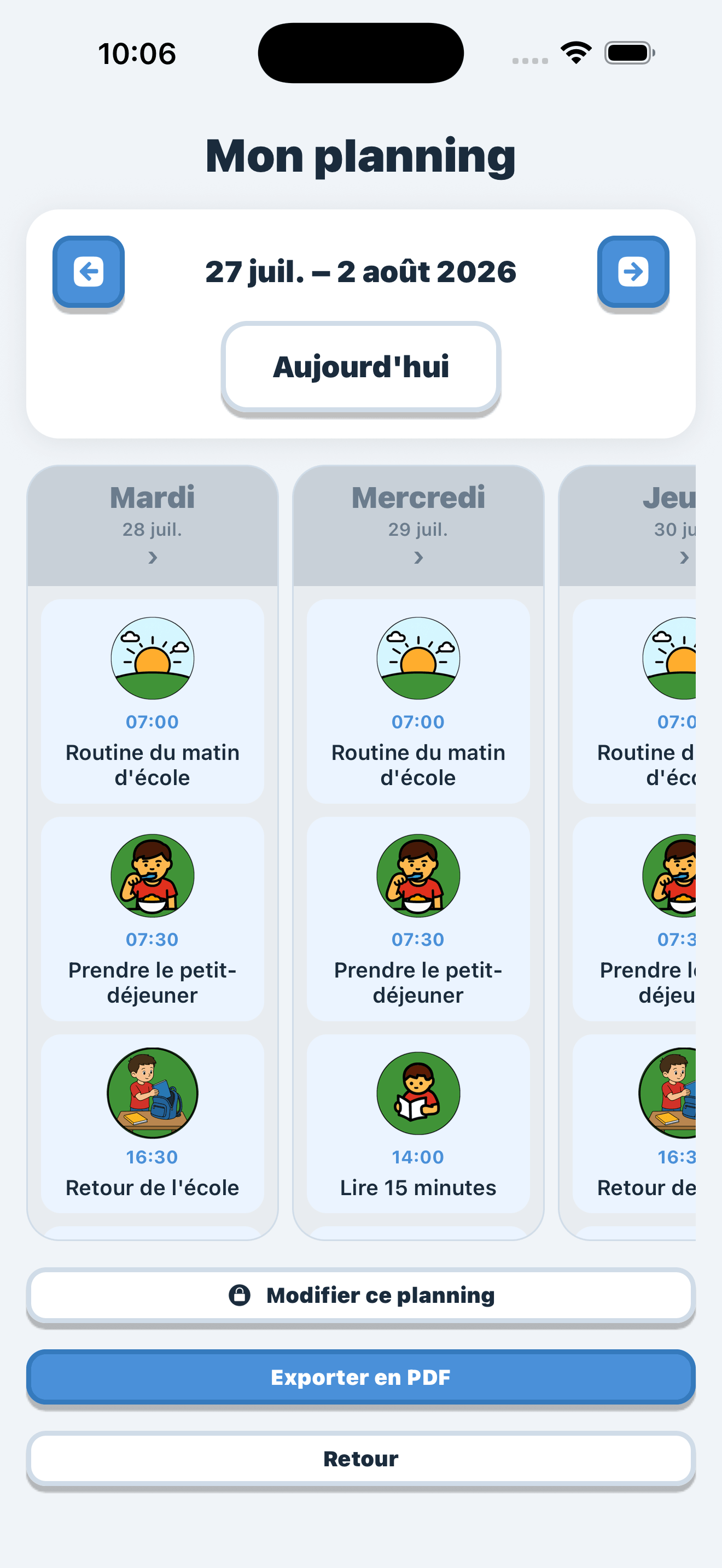 Le planning de la semaine dans l'application, avec le bouton d'export en PDF.