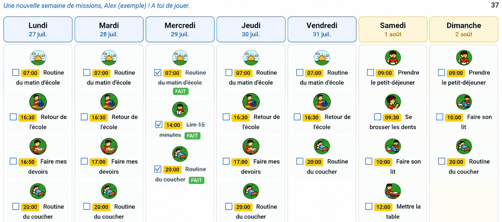 Planning de la semaine exporté en PDF, sept colonnes de jours avec les missions illustrées.