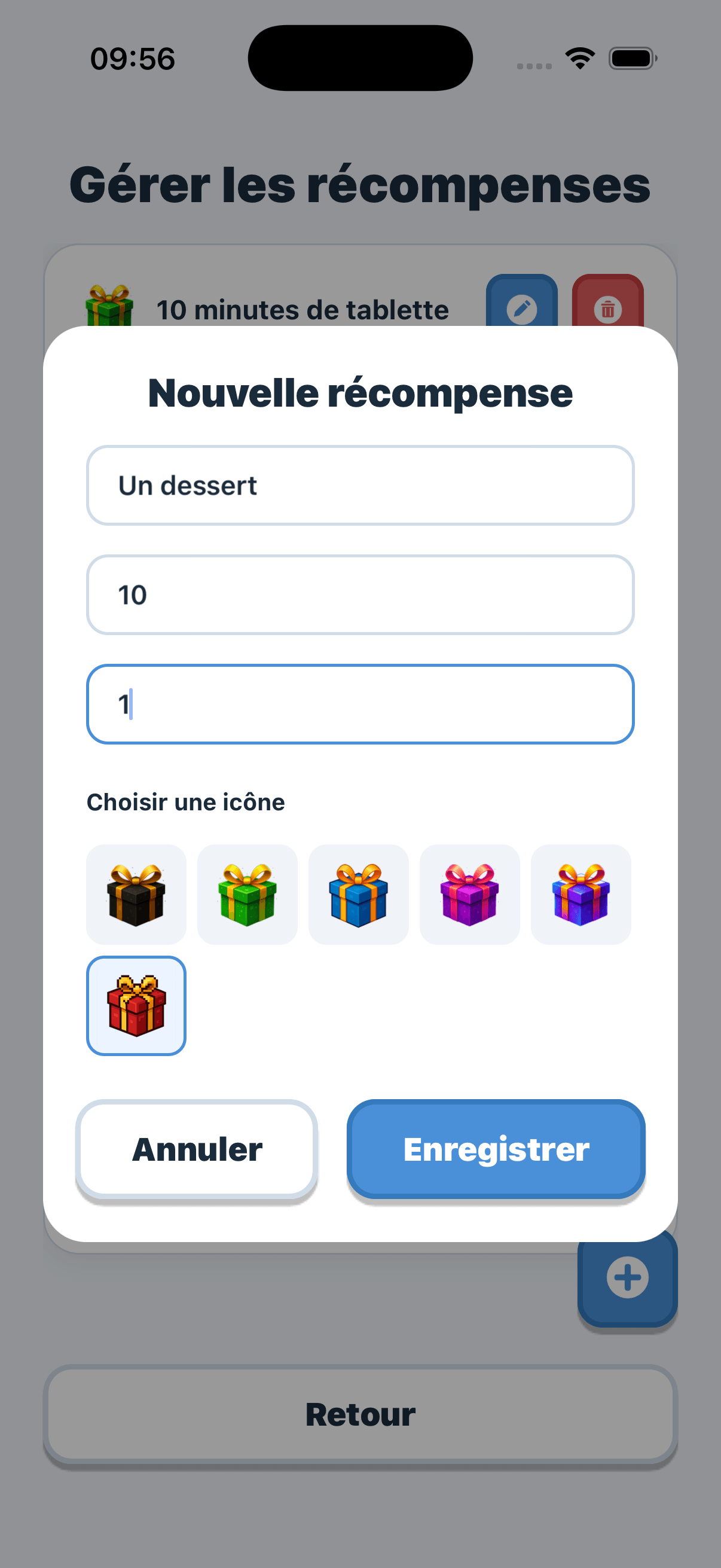 Écran des récompenses de l'application : succès débloqués et récompenses paramétrées par l'adulte.