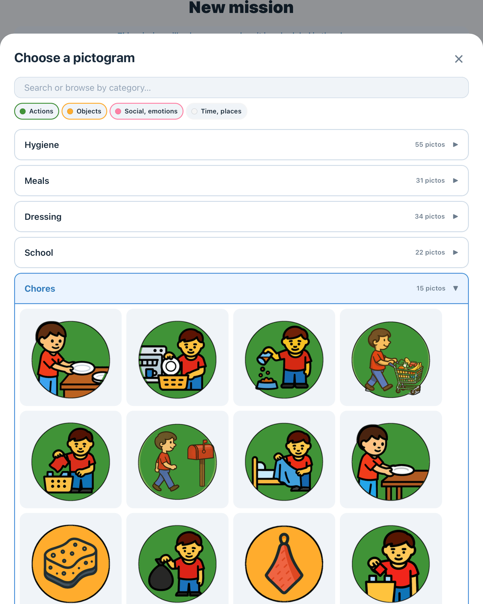 The app's pictogram picker: search field, Actions, Objects, Social and emotions categories, and a grid of illustrated pictograms.