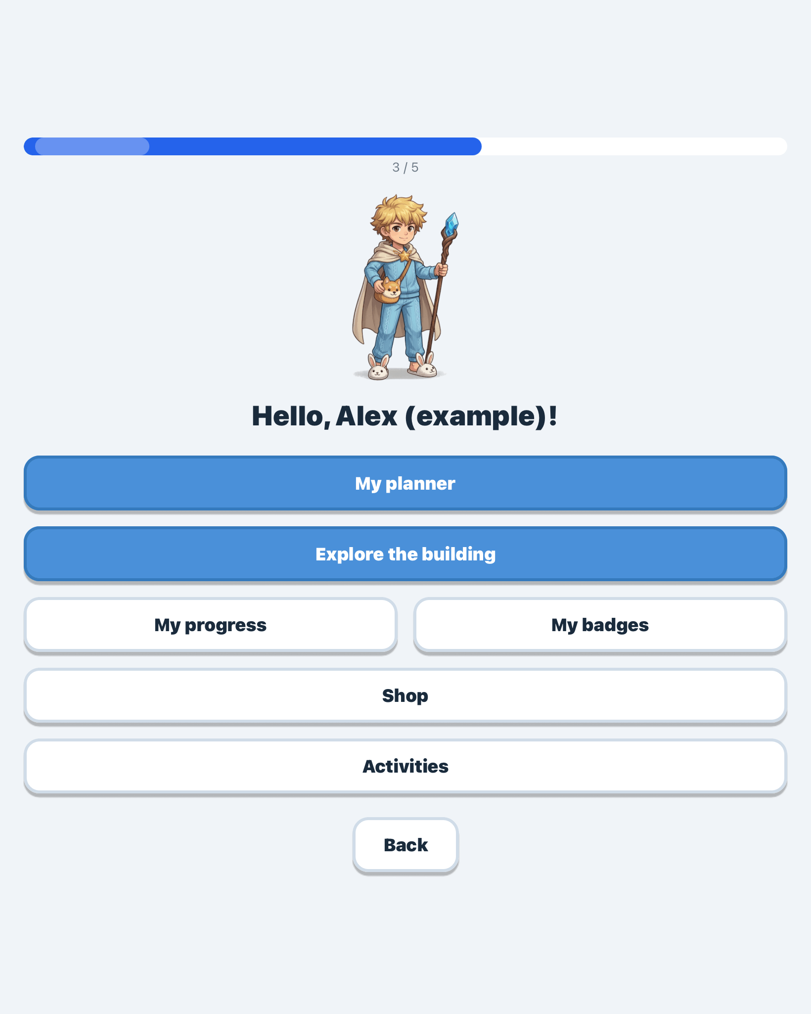Child home screen of the app: progress bar, chosen character, access to the schedule and the building.