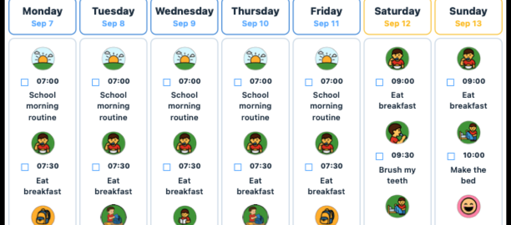 The weekly schedule exported as a PDF: seven day columns, every mission illustrated and ready to tick off.